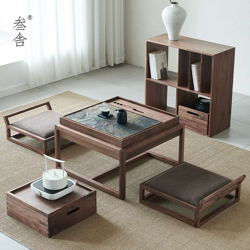 叁舍日式茶桌黑实胡桃木茶室双人矮茶台禅意榻榻米地台小型泡茶桌
