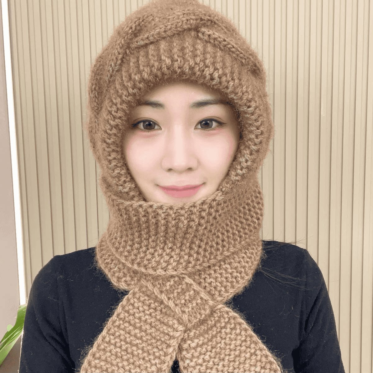 棋盘格手工编织帽子围巾一体保暖围脖女百搭防寒针织松鼠绒风雪帽
