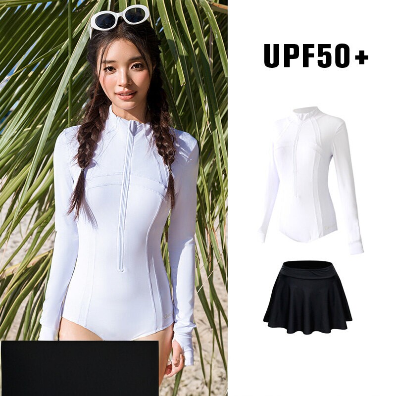防晒浮潜连身三角长袖潜水服游泳衣女水母服游泳衣女新款白色保守