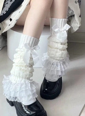 可爱白色针织堆堆袜套蕾丝洛丽塔小腿花边日系jk蝴蝶结袜子中筒