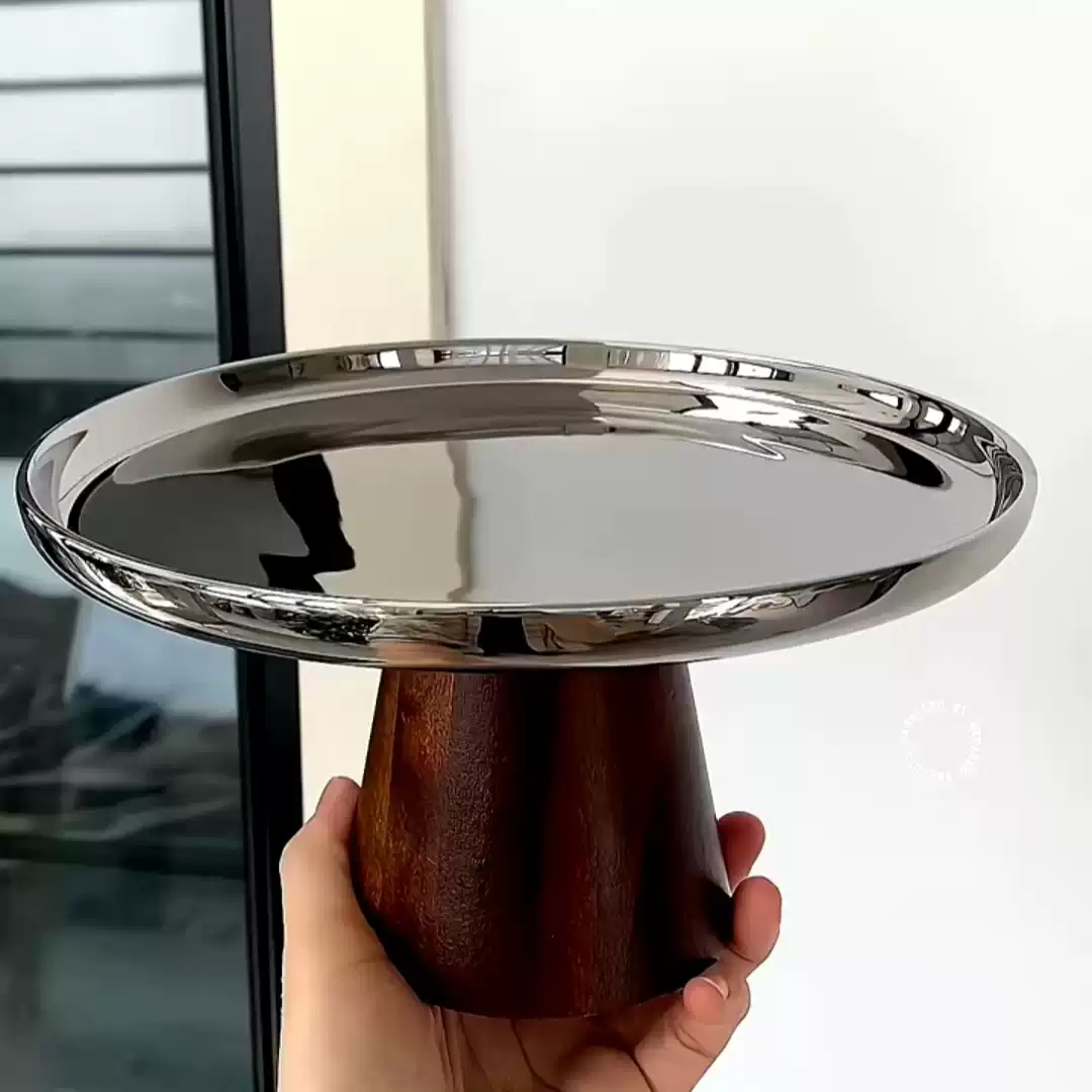 高脚托盘相思木不锈钢水果盘银色