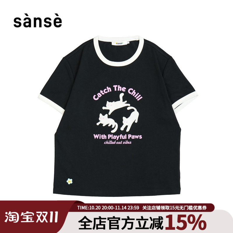 sanse潮牌T恤猫咪印花拼色短袖原创立体小花图案上衣