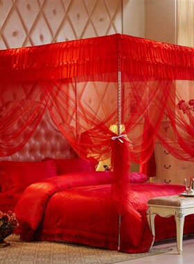 结婚庆大红色宫廷支架蚊帐三开门双人方顶1.5m1.R8米 2米睡帐帐子