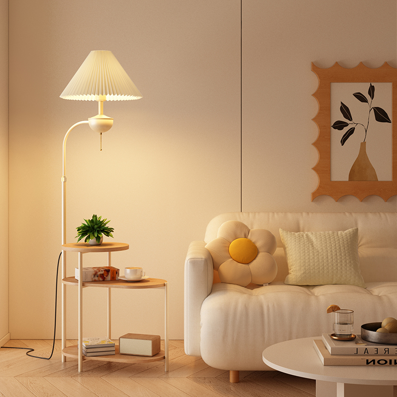 奶油风客厅沙发角落地灯卧室床头柜一体台灯无线充电边几中古立式