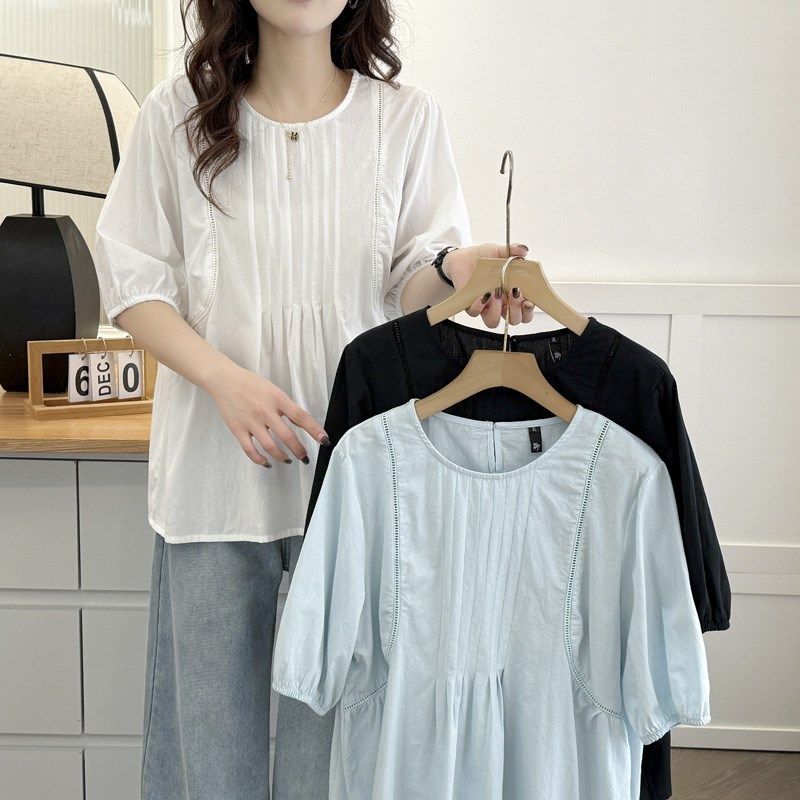 大码宽松短袖女2025夏季新款胖妹妹时尚褶皱拼接遮肚子半袖娃娃衫,女装/女士精品,T恤,淘宝优惠券,粉丝福利购,淘宝优惠卷