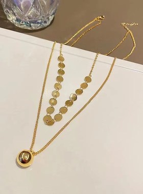 圆片金珠吊坠双层叠戴锁骨链女2022新新款复古高级感气质百搭项链