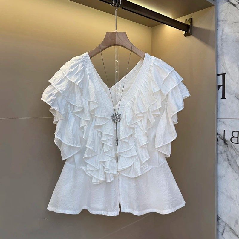 加肥大尺码女装V领荷叶边短袖小衫胖妹妹法式小众设计洋派减龄上,女装/女士精品,大码内搭,淘宝优惠券,粉丝福利购,淘宝优惠卷