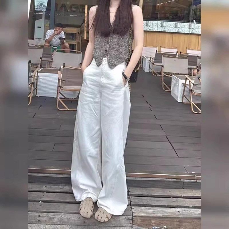 2025年夏季新款百搭高腰韩系简约显瘦松弛感女显瘦通勤白色阔腿裤,女装/女士精品,大码裤装,淘宝优惠券,粉丝福利购,淘宝优惠卷