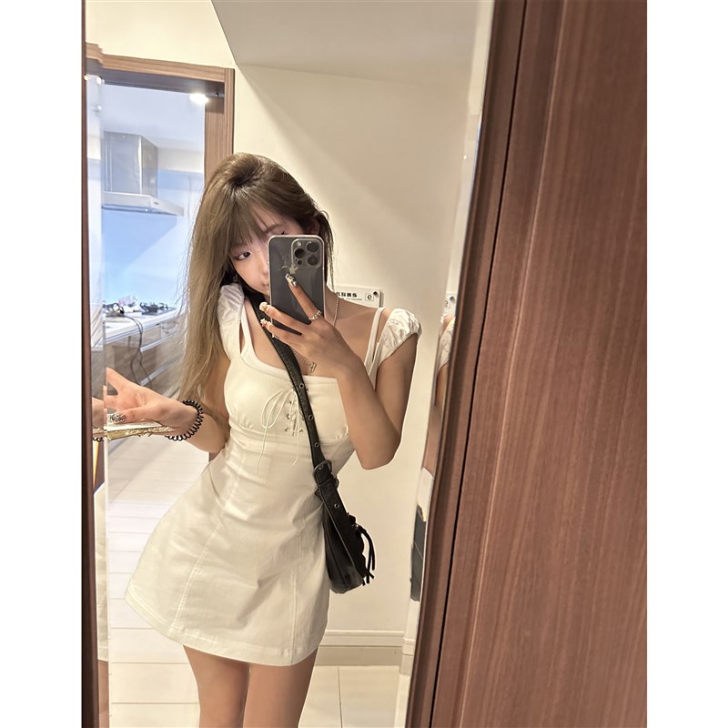 Xinlei Lin 夏日白月光清爽牛仔弹力牛仔白色连衣裙女春夏短裙女