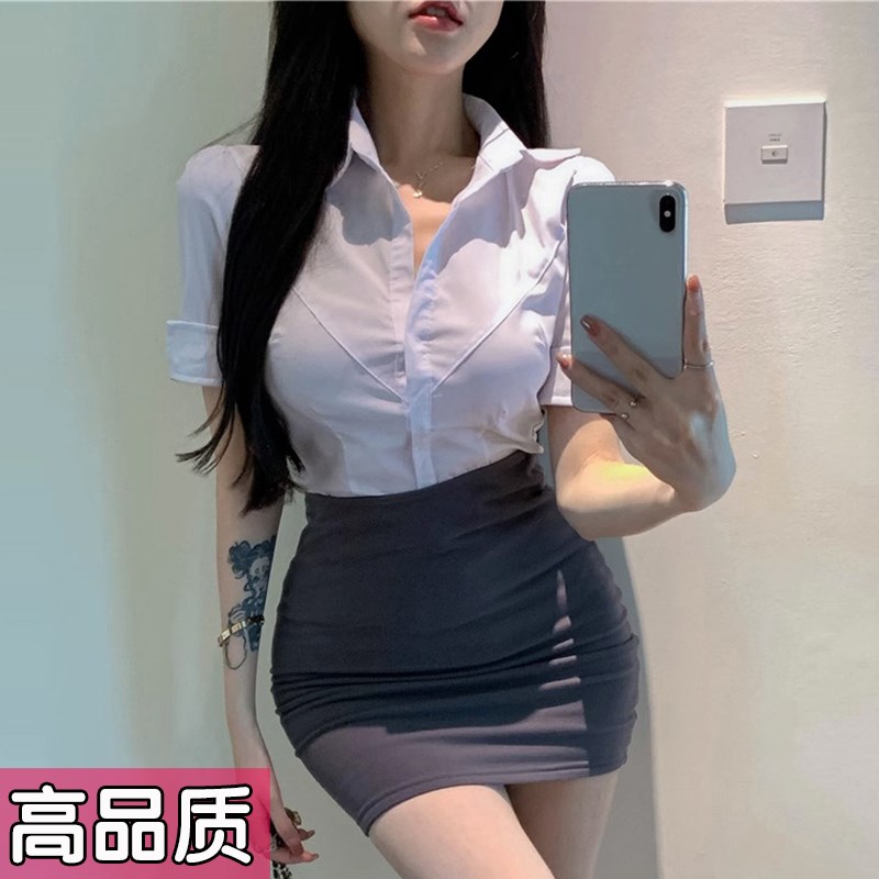 大码短袖白色衬衫女工作服性感上衣t恤收腰制服职业装衬衣胖mm夏