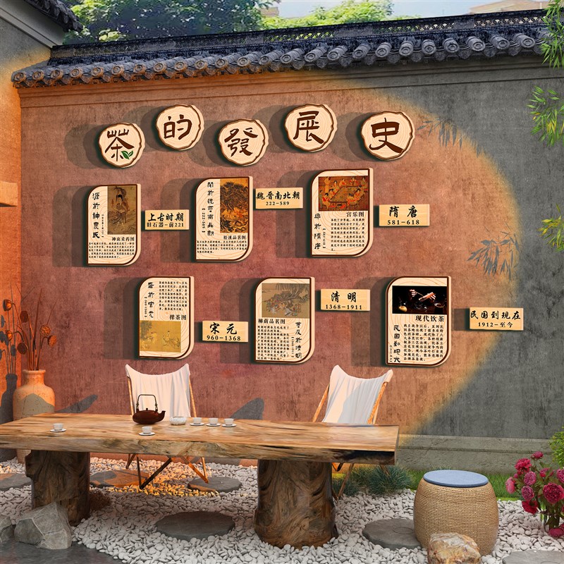 茶室背景墙面装饰品叶馆楼背景文化贴纸氛围布置中式古风挂画发展
