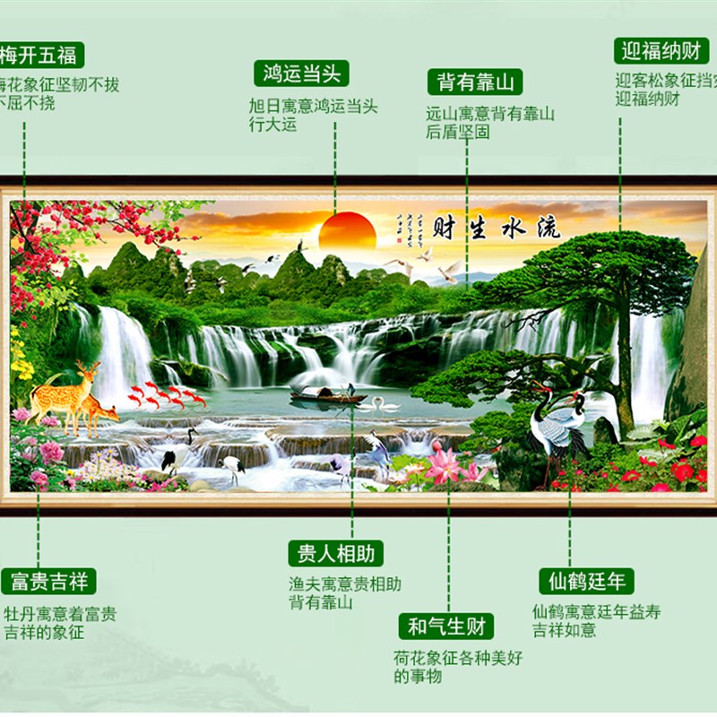 十字绣2023新款线绣客厅流水生财风景画迎客松大幅手工自己刺满绣