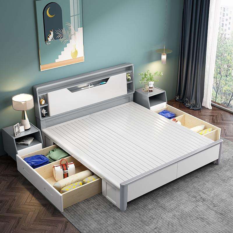 631全实木床1.8白米双人床现代简约储主卧室2米x2米箱大床色物高