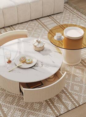奶油风岩板茶几极简小茶DIJ户型厅家用客意式轻奢卧民宿室圆形几