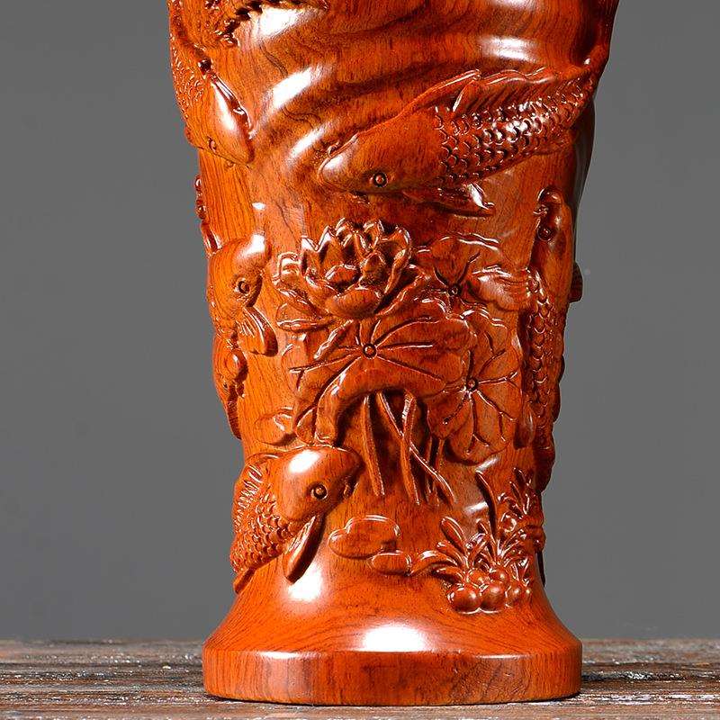 花梨木雕年年有余装工花瓶摆件实木客厅插饰花yz9家居中式花瓶艺