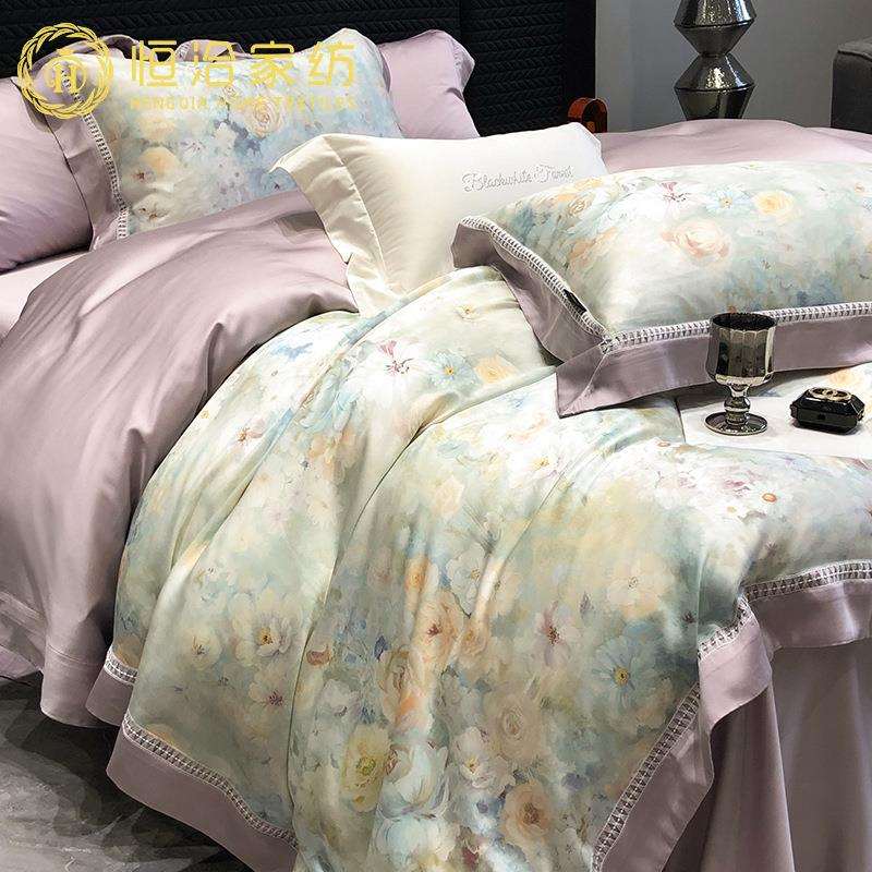 夏凉边感莱赛尔黑白森林纤四维件套花卉数码印季花裸睡镂空被套床