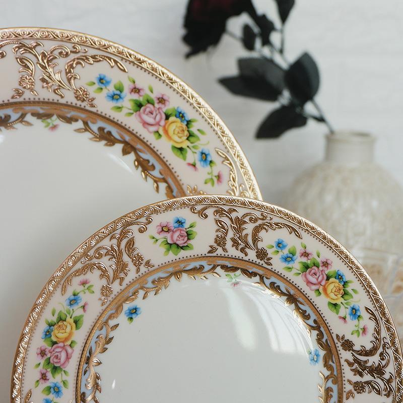 礼7.寸5盘寸10出口浮雕边骨瓷IXI圆宫廷婚手工餐盘套装