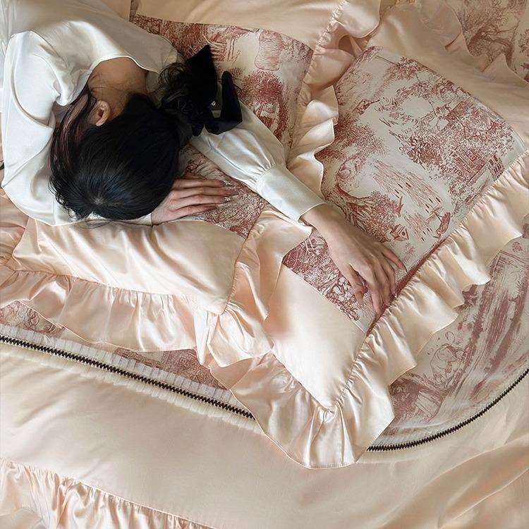 温馨浪漫荷叶花贡边120长绒棉四YLS-2024件套纯棉缎被全棉公套主