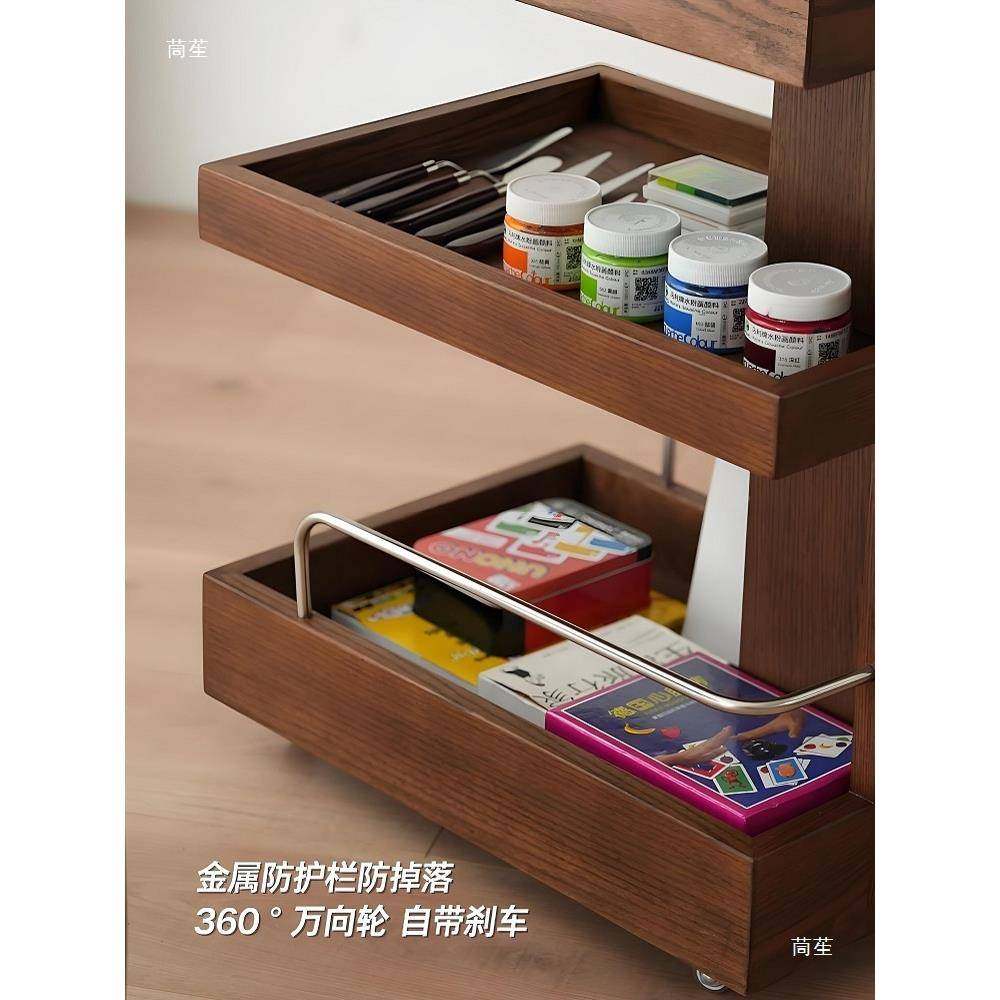 中古风实小推车感黑家胡桃木CSW茶木边几可移动客厅用沙发几边柜