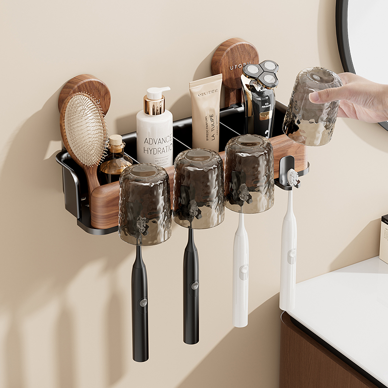 电动牙刷置物架壁挂式免打孔漱口杯牙膏牙杯吸盘挂架一家四口套装