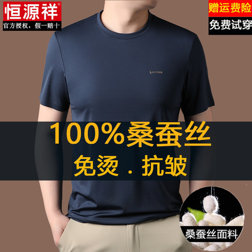 恒源祥100%桑蚕丝短袖t恤男宽松圆领休闲夏季新款免烫打底体恤衫