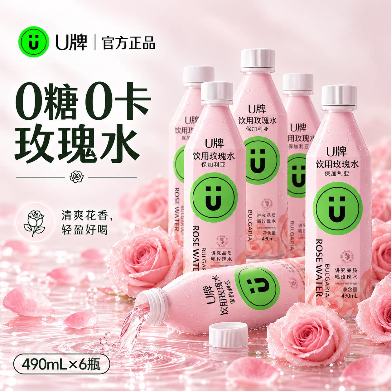U牌重瓣红玫瑰饮用玫瑰花水无添加0糖0卡天然纯净饮品490ml*6瓶