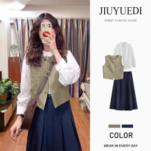 JIUYUEDI九月底港味复古时尚圆领衬衫马甲半身裙女冬季新款套装