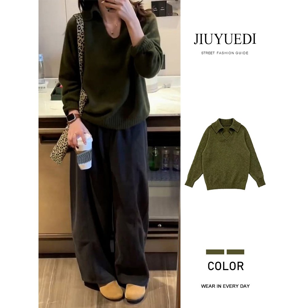 JIUYUEDI九月底韩系通勤风绿色POLO领毛衣女宽松百搭套头针织衫