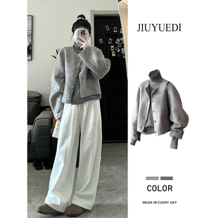 JIUYUEDI九月底韩式慵懒风灰色毛呢外套高领针织衫女高级感两件套