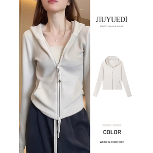 JIUYUEDI九月底休闲双拉链连帽卫衣外套女秋冬显瘦设计感开衫上衣
