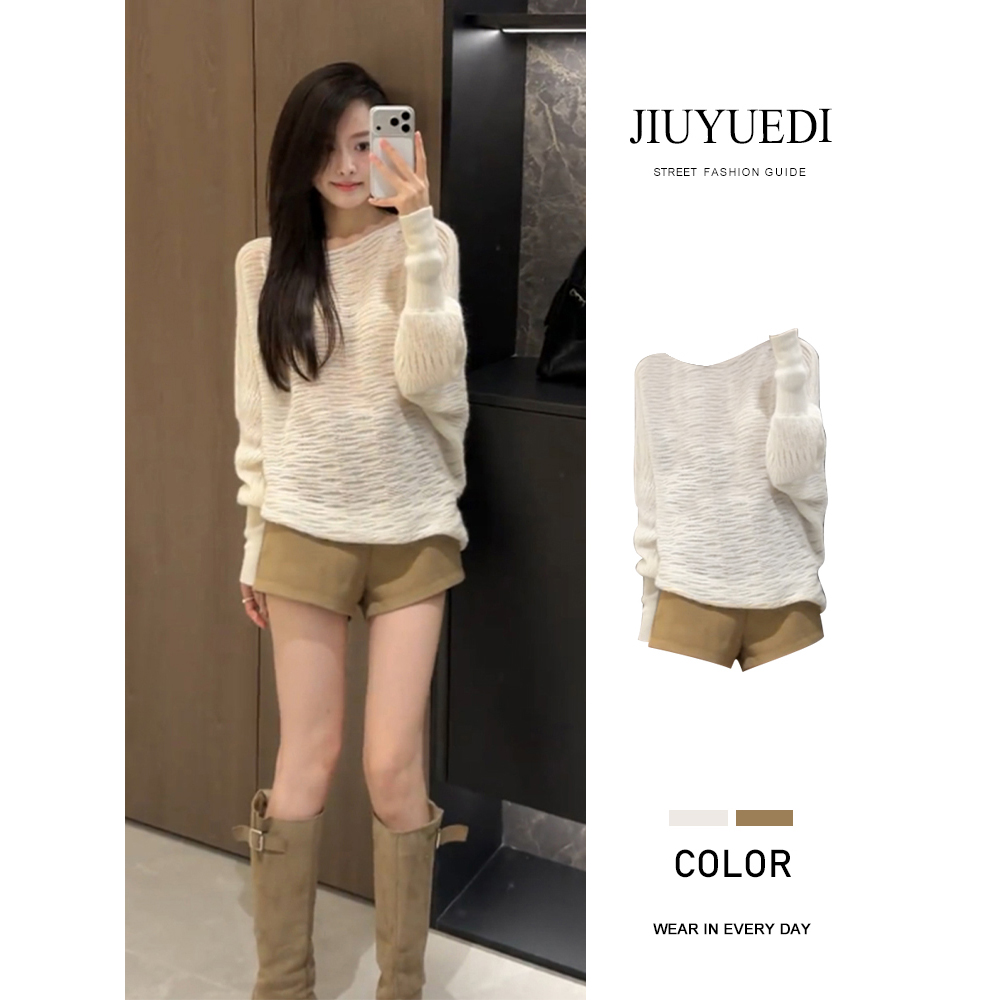 韩系白色镂空针织衫卡其短裤套装