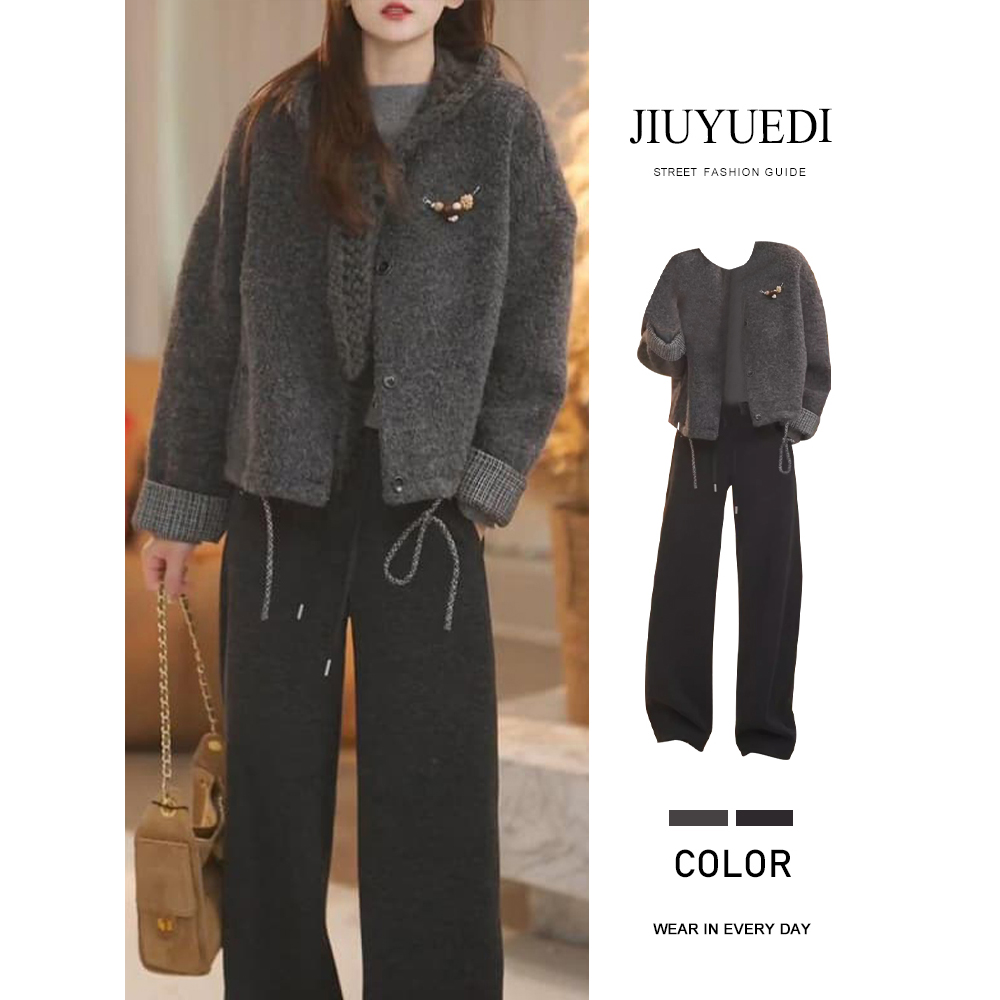 JIUYUEDI九月底韩系格子拼接袖口毛呢外套阔腿裤女秋冬气质两件套