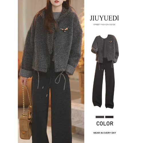 JIUYUEDI九月底韩系格子拼接袖口毛呢外套阔腿裤女秋冬气质两件套