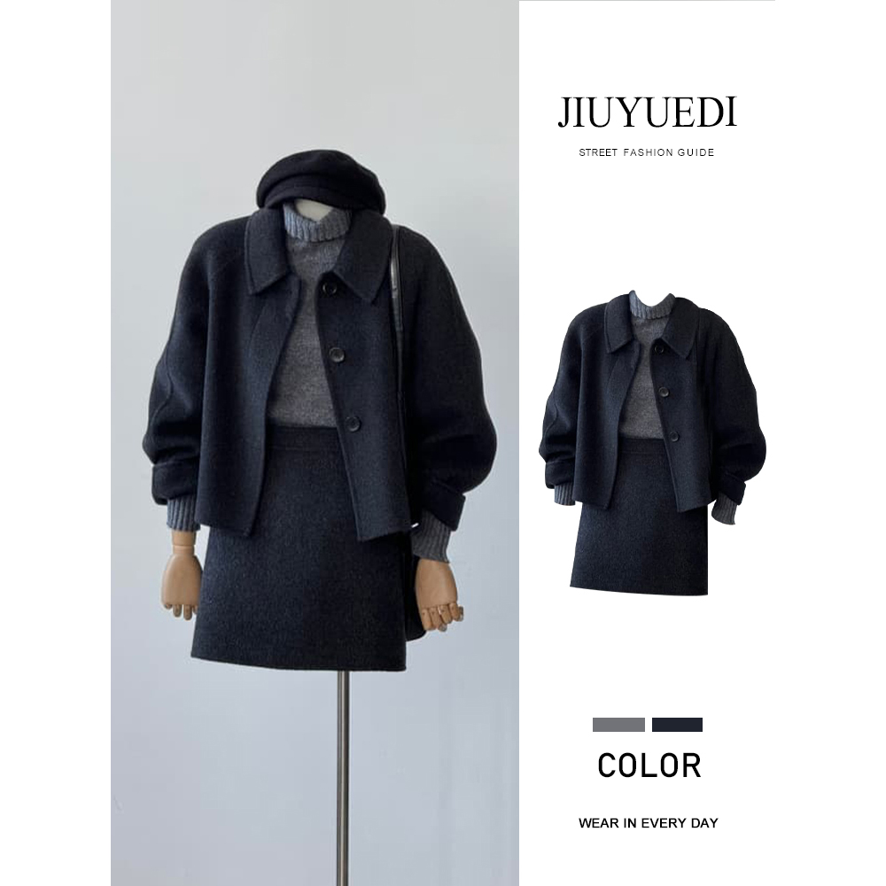 老钱风毛呢外套针织毛衣短裙