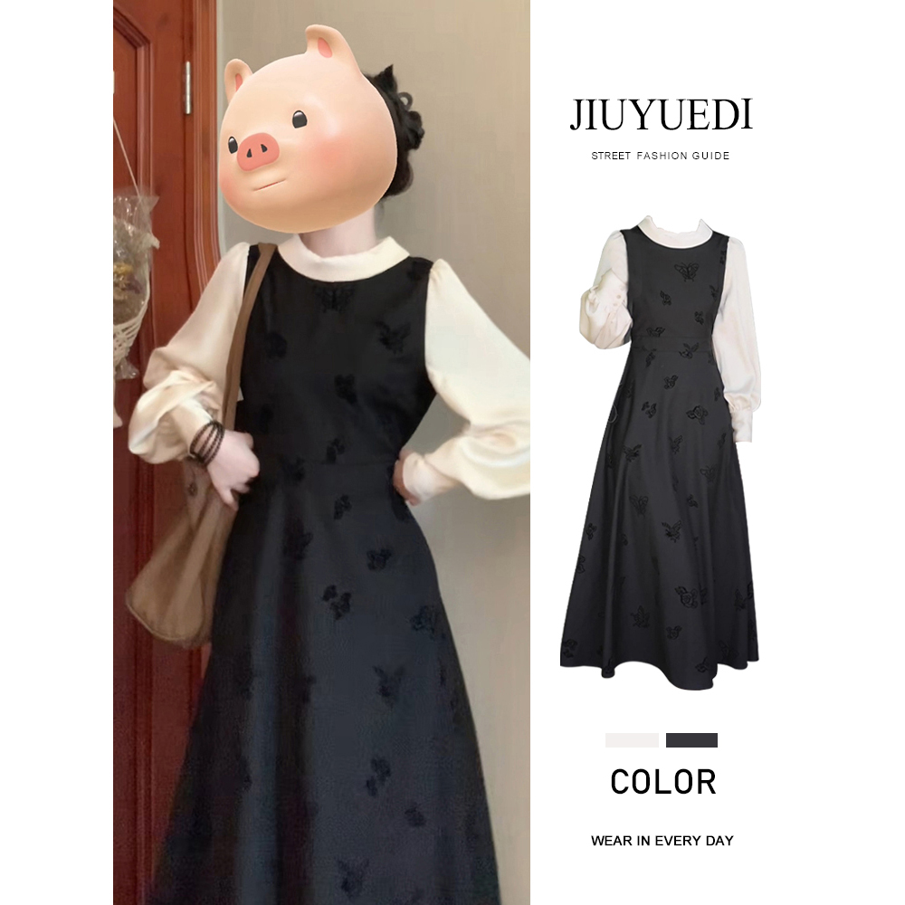 JIUYUEDI九月底法式赫本风黑白拼接假两件连衣裙女收腰显瘦长裙