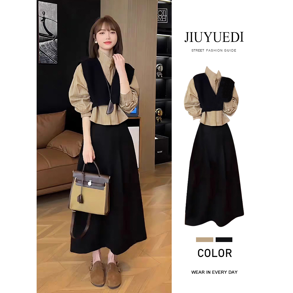 法式复古V领针织马甲衬衫半身裙