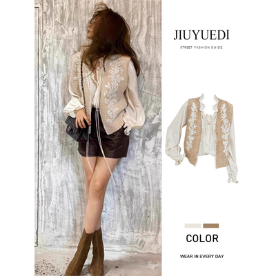 JIUYUEDI九月底法式复古刺绣针织马甲木耳边衬衫女叠穿气质两件套