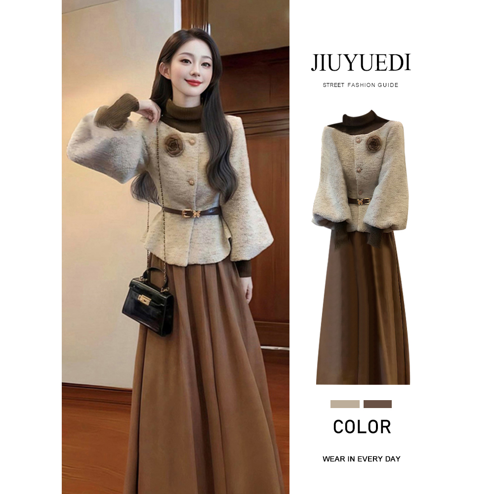 JIUYUEDI九月底美拉德气质高领上衣外套半身裙女秋冬氛围感三件套