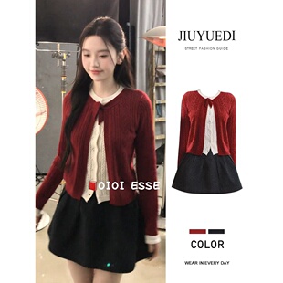 JIUYUEDI九月底学院风假两件红色针织开衫半身裙女减龄洋气两件套