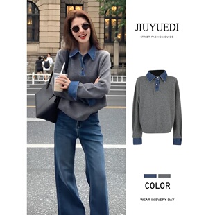 JIUYUEDI九月底韩系牛仔拼接设计翻领针织衫女新款百搭减龄上衣