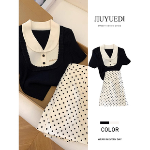 JIUYUEDI九月底【现货】黑色娃娃领针织短袖上衣波点包臀裙女套装