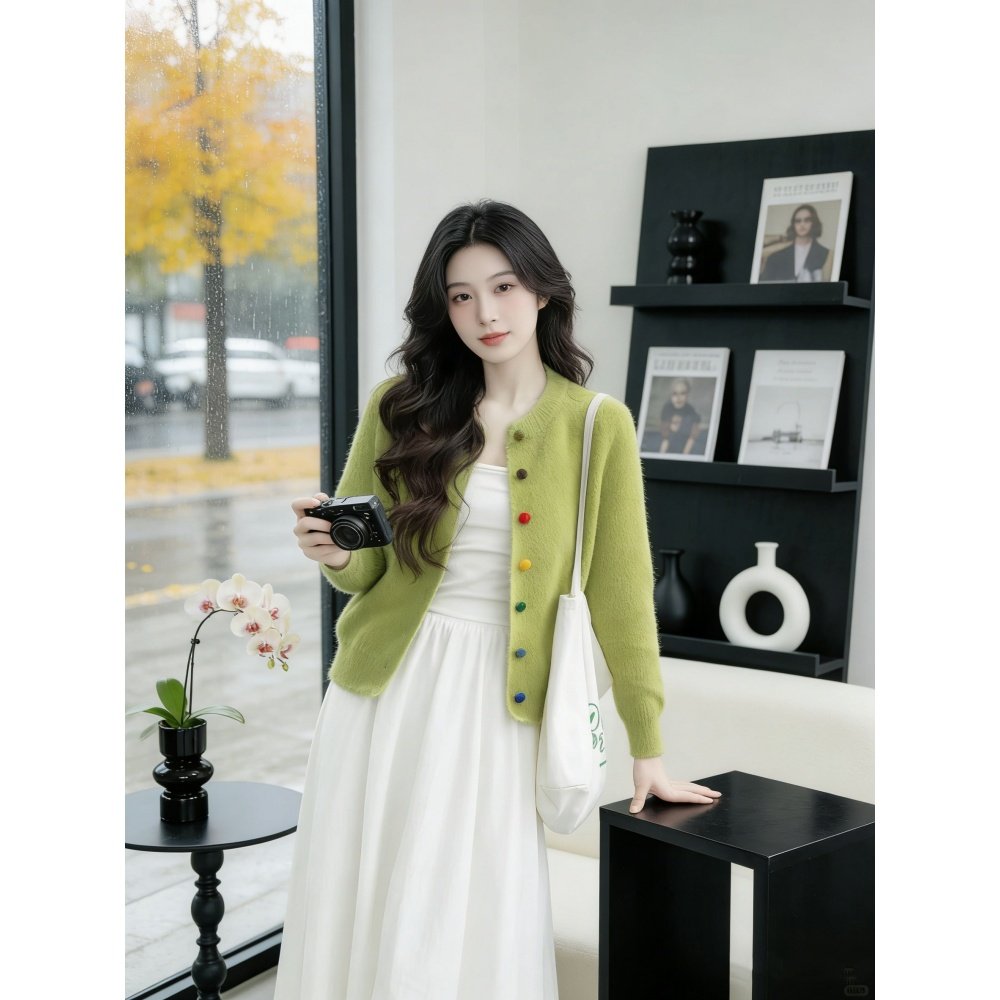 JIUYUEDI九月底韩式温柔风彩色纽扣针织开衫连衣裙女减龄气质套装,女装/女士精品,时尚套装,淘宝优惠券,粉丝福利购,淘宝优惠卷