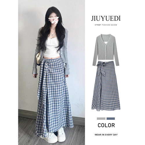 JIUYUEDI九月底法式灰色针织蓝色格子半身裙女早秋miu系穿搭套装