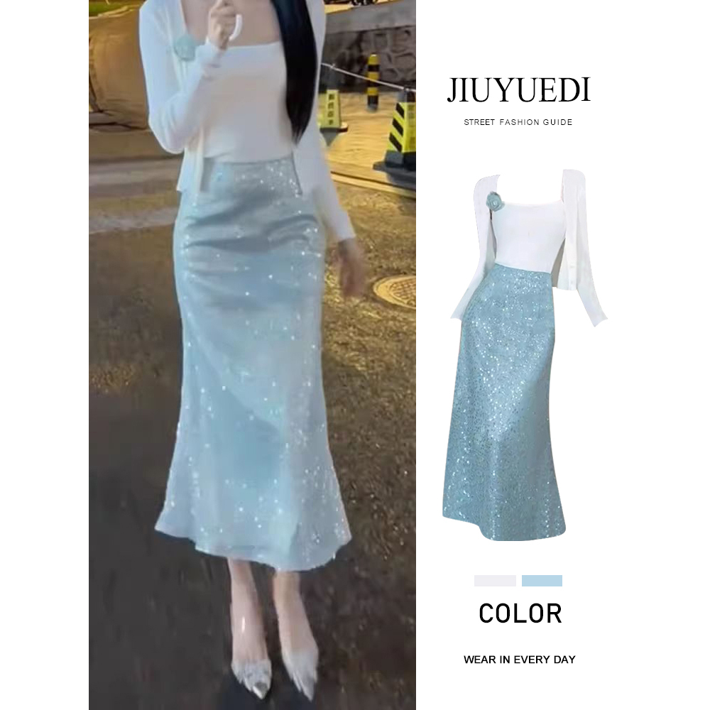 JIUYUEDI九月底法式轻奢感吊带针织外套亮片鱼尾半身裙秋季套装