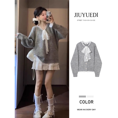 纯欲风灰色蕾丝拼接蝴蝶结针织衫