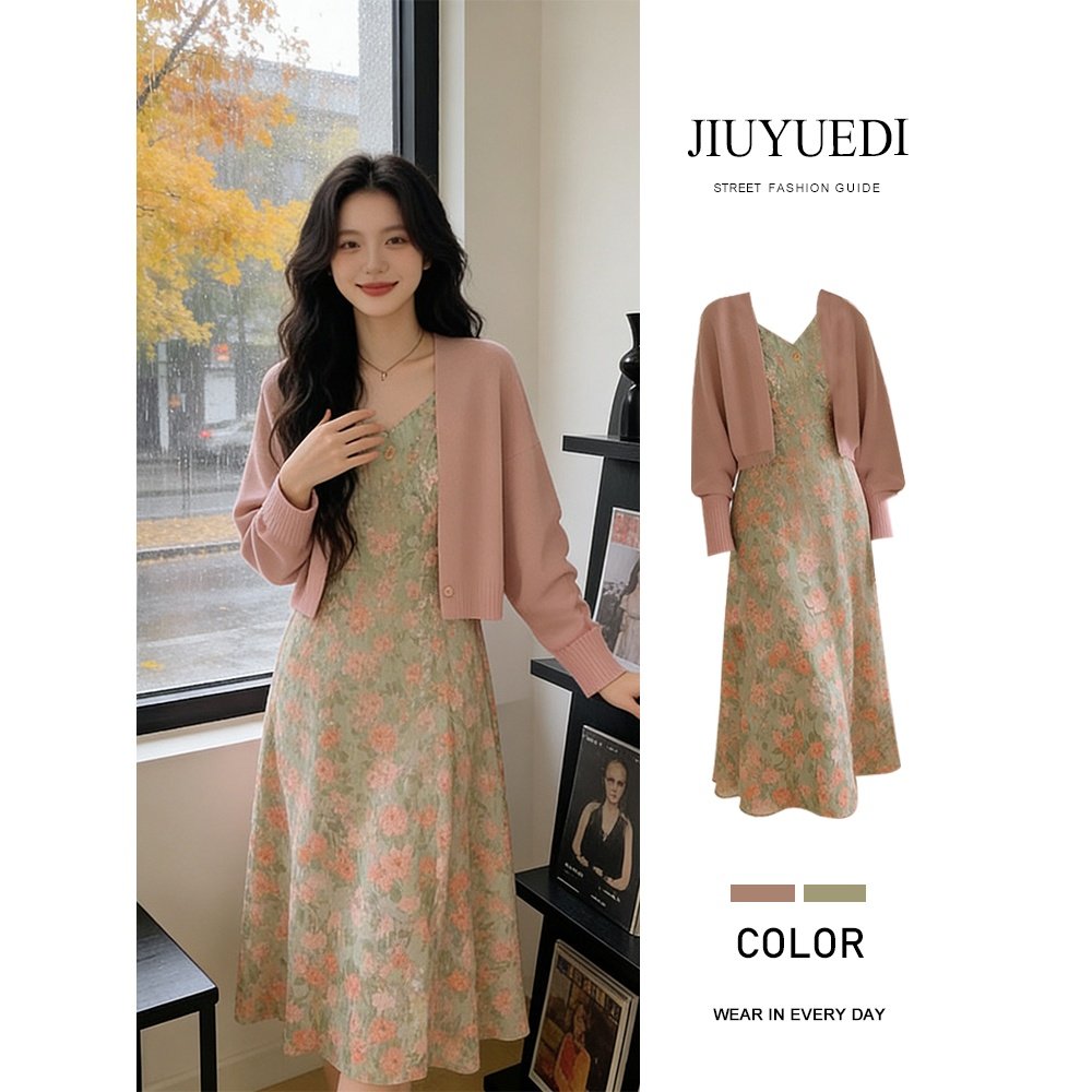 JIUYUEDI九月底温柔风针织开衫碎花连衣裙女秋季显瘦百搭两件套,女装/女士精品,时尚套装,淘宝优惠券,粉丝福利购,淘宝优惠卷