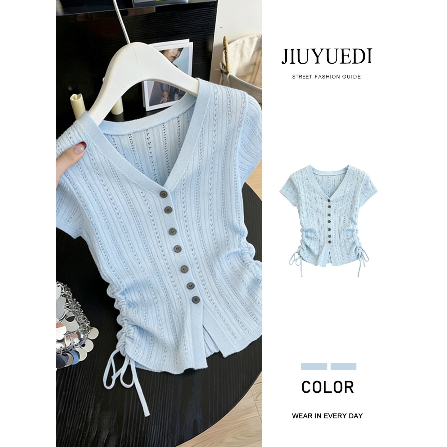 JIUYUEDI九月底韩式V领短袖针织开衫女夏季百搭绑带收腰显瘦上衣