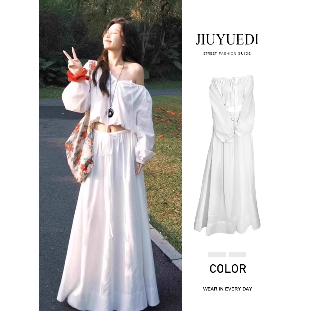 韩系一字肩衬衫上衣高腰半身长裙