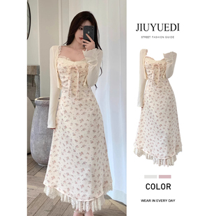 JIUYUEDI九月底韩系杏色甜美复古碎花吊带连衣裙开衫两件套度假风