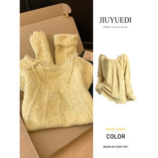 JIUYUEDI九月底法式黄色蝴蝶结系带针织毛衣女秋季高级慵懒风上衣